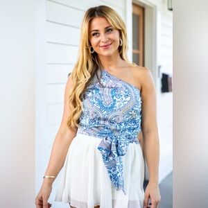 Pink‎ Lily Size Small One Shoulder Top Scenic Outing Blue Paisley Side Zip Tie